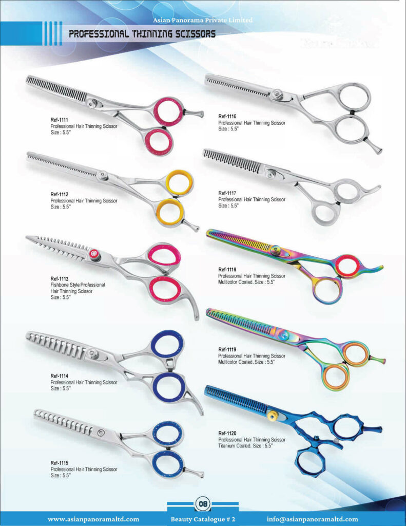 Professional Hair thinning scissors with soft grip Colored or Muti Colour or Titanium Color. Adjustable Screw. Available sizes Sizes 5 inch , Size 5.5 inch, Size 6 inch