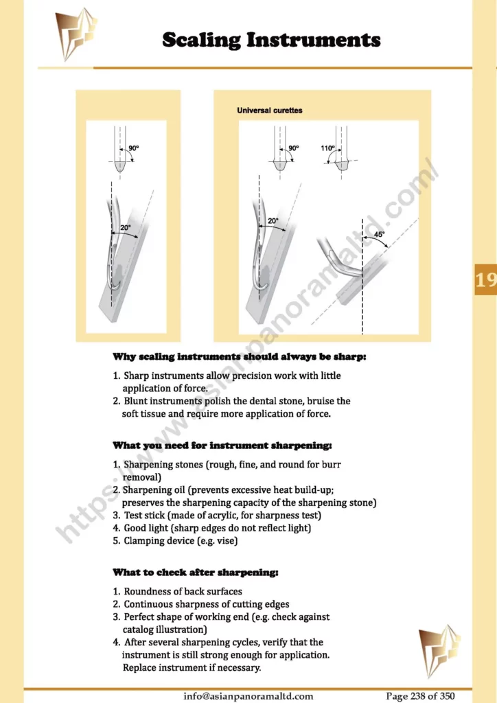 Scaling instruments, Universal curettes. Why scaling instruments should always be sharp. What you need lor instrument sharpening What to check alter sharpening