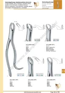 Extracting forceps, English pattern, upper jaw, incisors and bicuspids, incisors and cuspids, Molar,