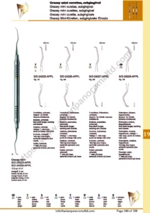 Periodontology, Gracey mini curettes, subgingival, Premolars, molars, lingual/buccal, first shaft longer, working end shorter, Incisors, premolars, universal, first shaft longer, working end shorter, Gracey Mini