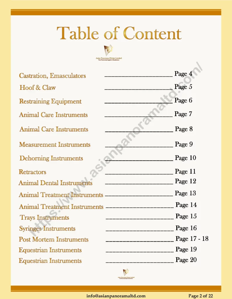Table of Contents of Veterinary Instruments Catalog Asian Panorama Private Limited
