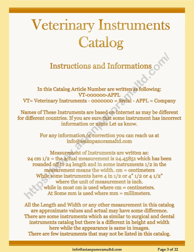 Understanding and important Notice page of Veterinary Instruments Catalog Asian Panorama Private Limited